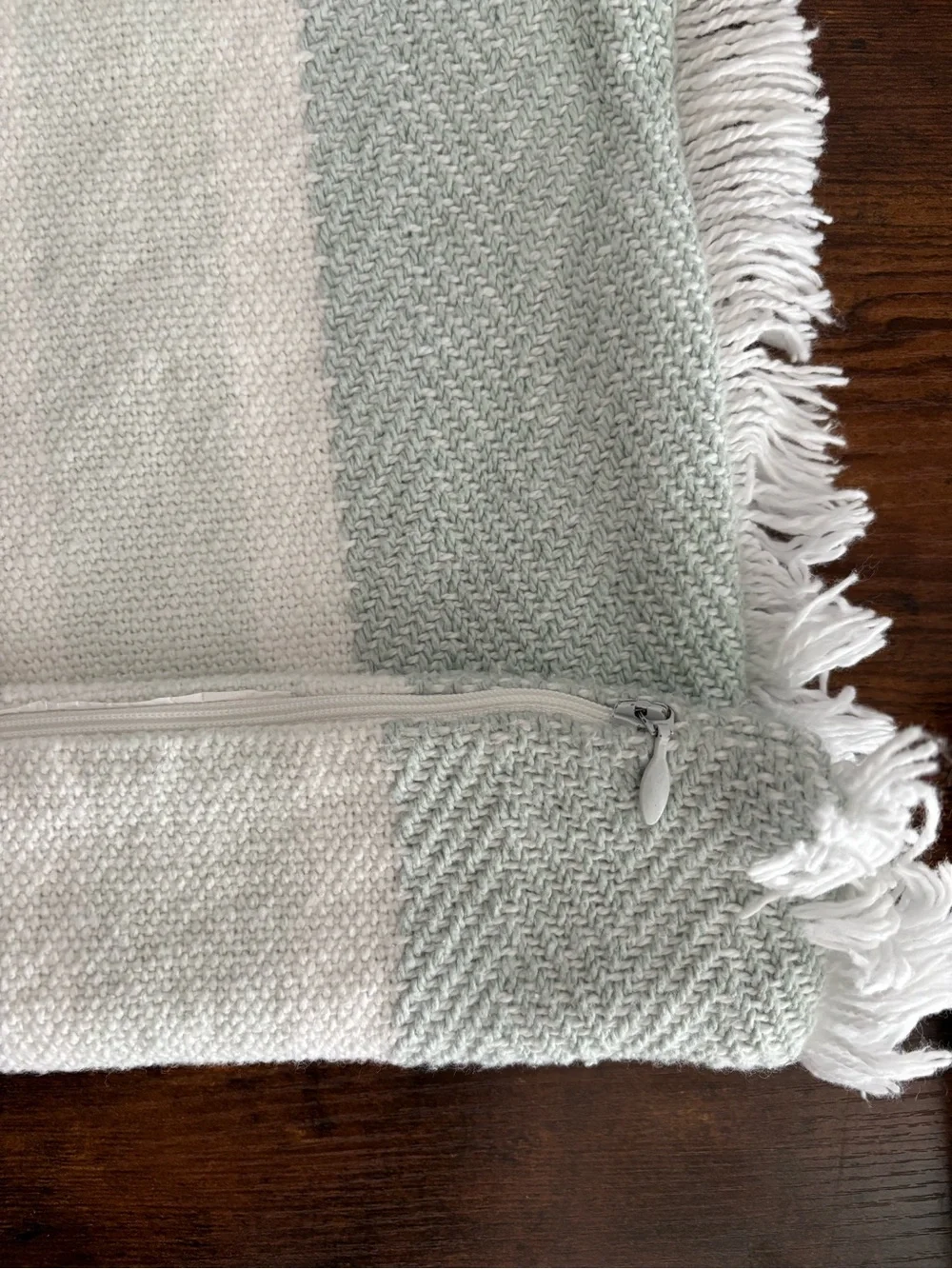 DKNY Decorative Throw Pillow Cover Sage Green Beige Striped Fringe 21x21